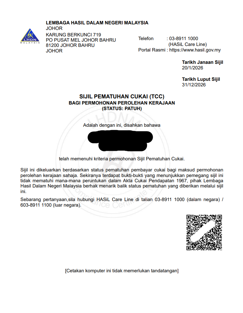 sijil pematuhan cukai TCC 01